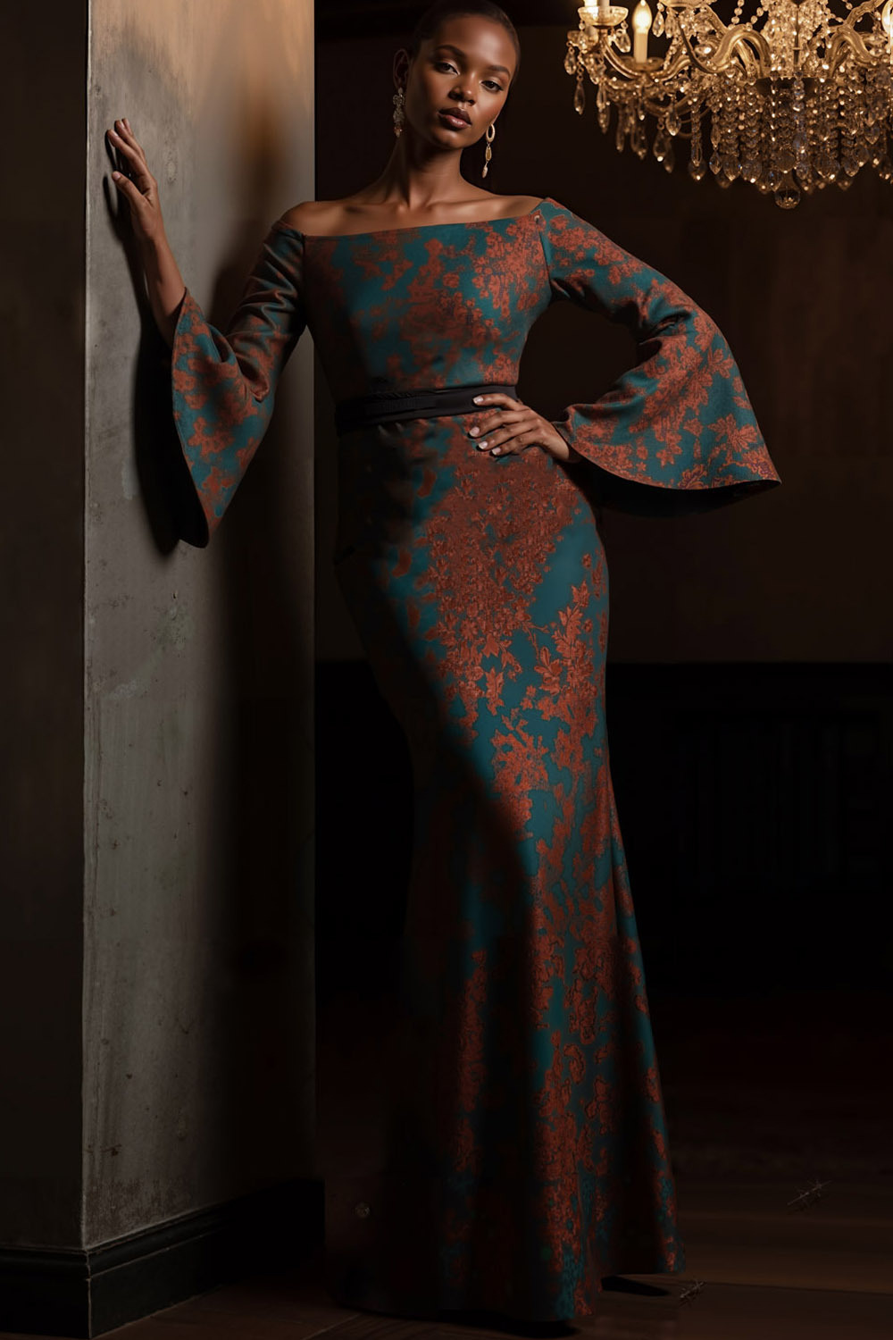 Peacock Green Formal Evening Dress Off the Shoulder Flare Sleeve Maxi Dress 