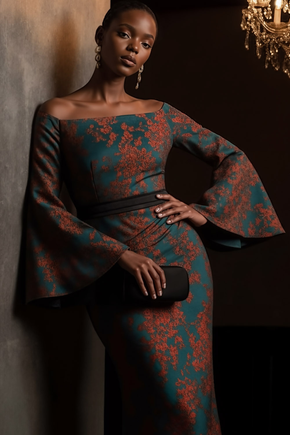 Peacock Green Formal Evening Dress Off the Shoulder Flare Sleeve Maxi Dress 