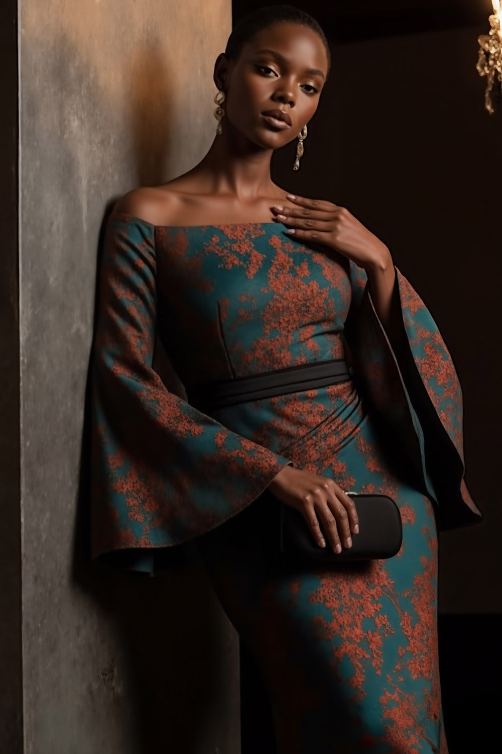 Peacock Green Formal Evening Dress Off the Shoulder Flare Sleeve Maxi Dress 