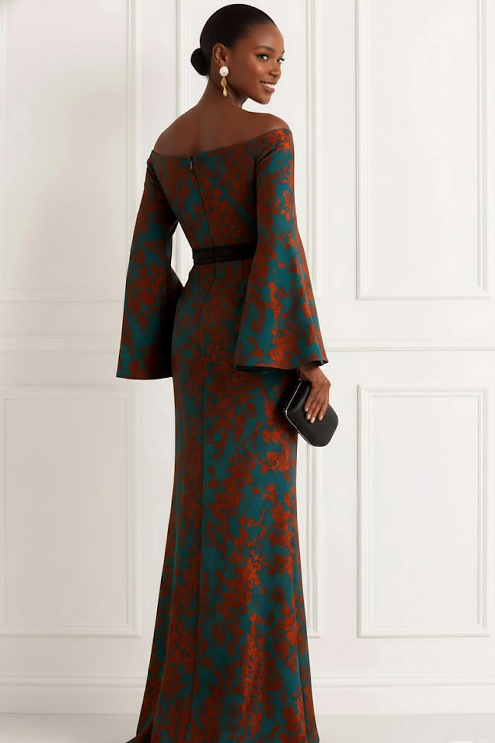 Peacock Green Formal Evening Dress Off the Shoulder Flare Sleeve Maxi Dress 