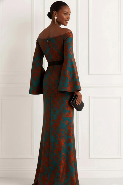 Peacock Green Formal Evening Dress Off the Shoulder Flare Sleeve Maxi Dress 