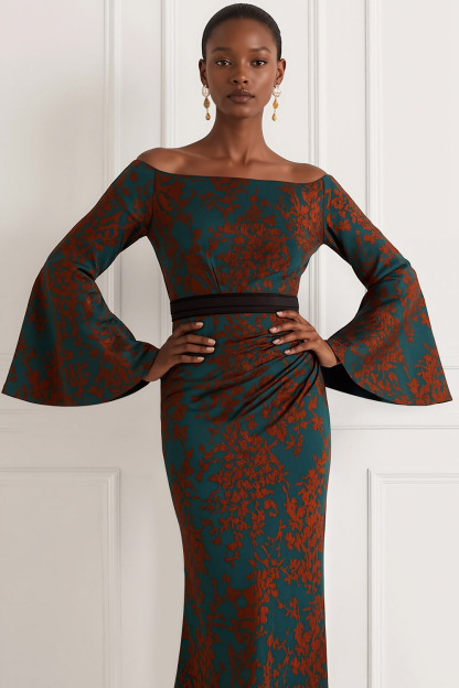 Peacock Green Formal Evening Dress Off the Shoulder Flare Sleeve Maxi Dress 