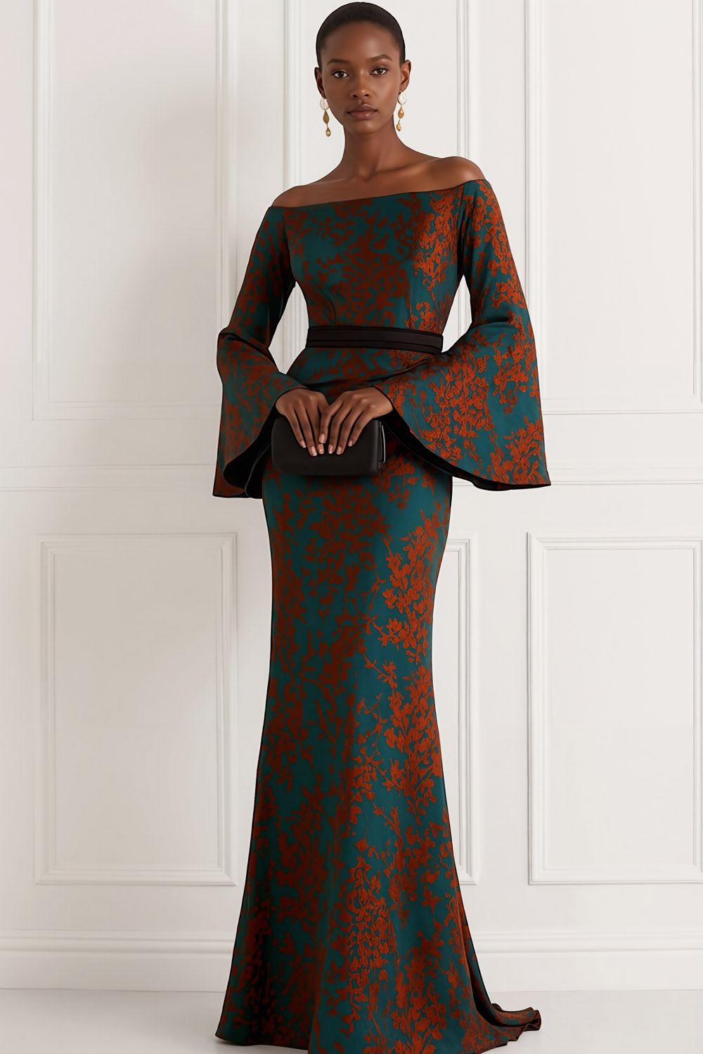 Peacock Green Formal Evening Dress Off the Shoulder Flare Sleeve Maxi Dress 