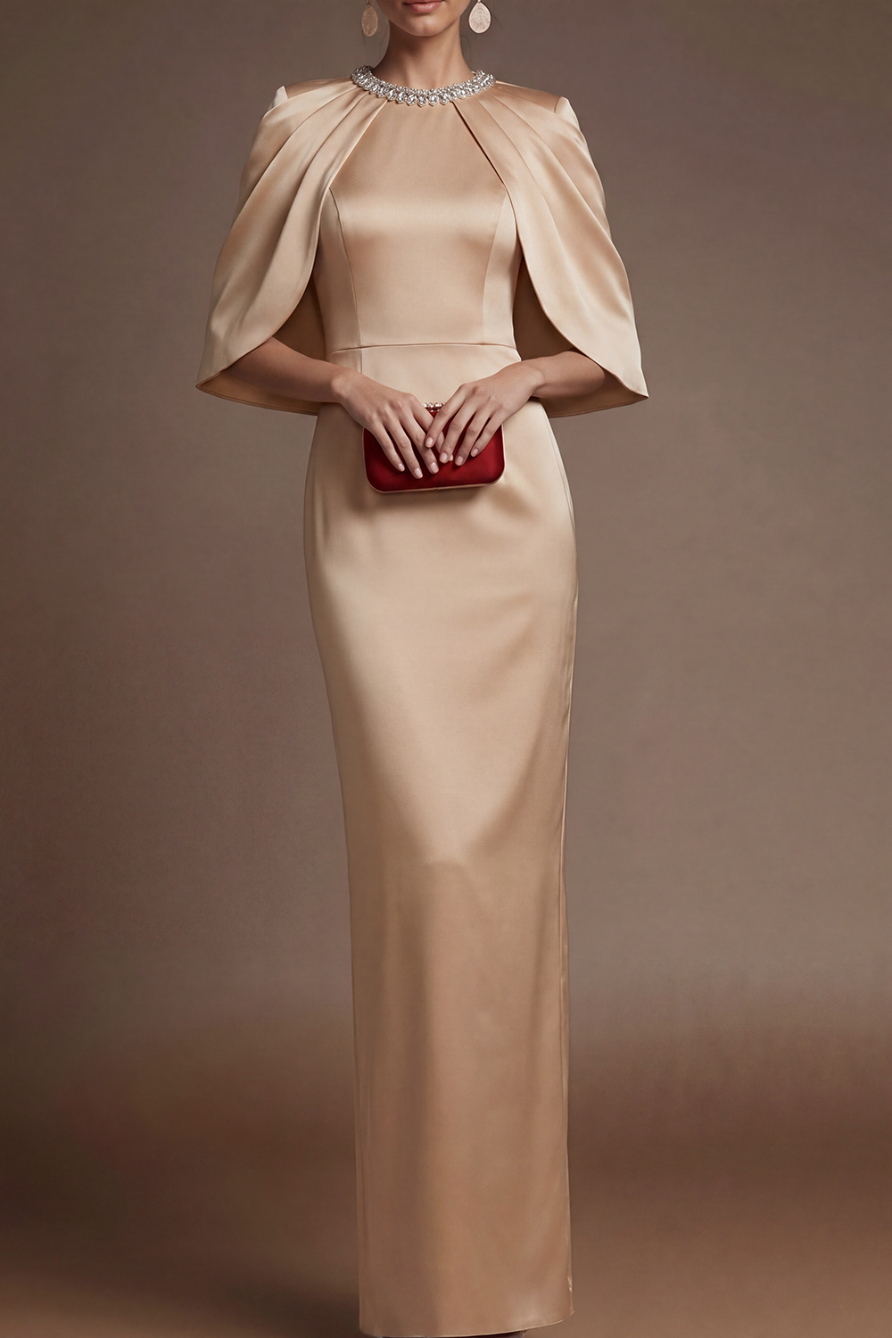 Red Evening Formal Dress Round Neck Cape Maxi Dress with Slit