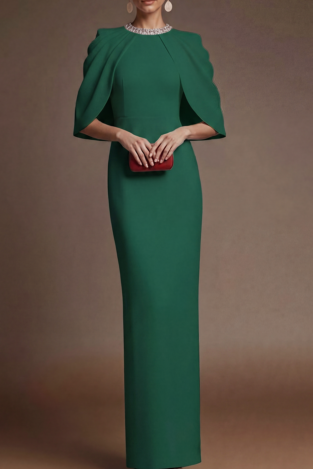 Red Evening Formal Dress Round Neck Cape Maxi Dress with Slit