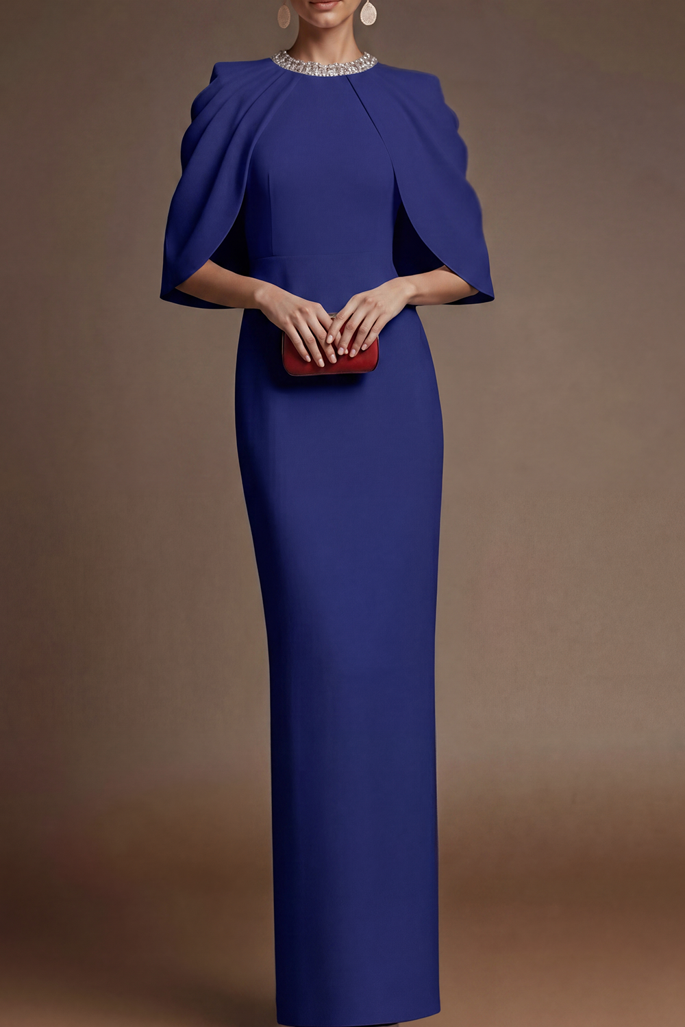 Red Evening Formal Dress Round Neck Cape Maxi Dress with Slit