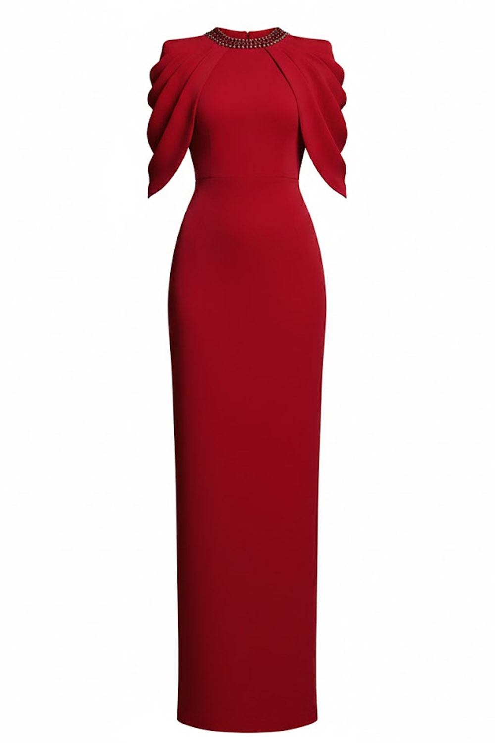 Red Evening Formal Dress Round Neck Cape Maxi Dress with Slit