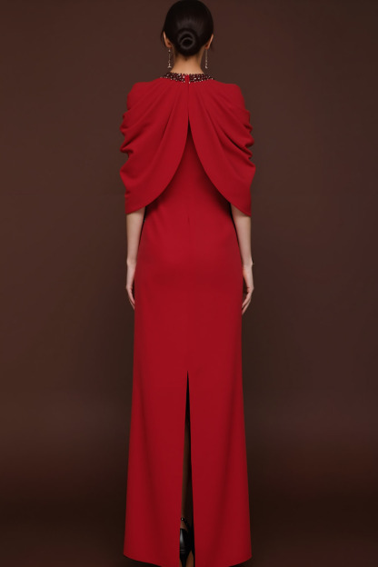 Red Evening Formal Dress Round Neck Cape Maxi Dress with Slit