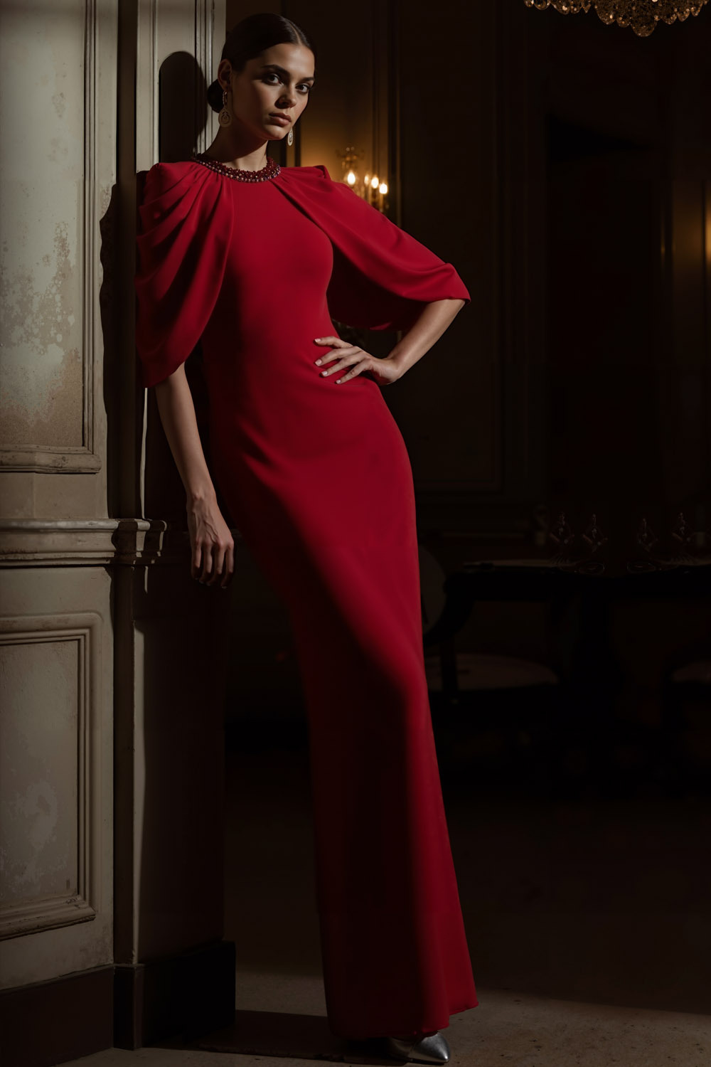 Red Evening Formal Dress Round Neck Cape Maxi Dress with Slit