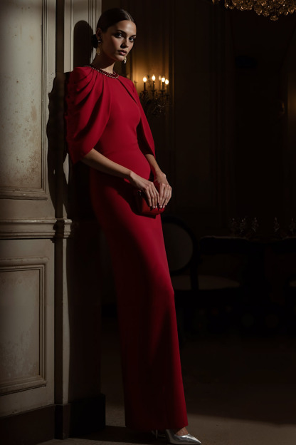 Red Evening Formal Dress Round Neck Cape Maxi Dress with Slit
