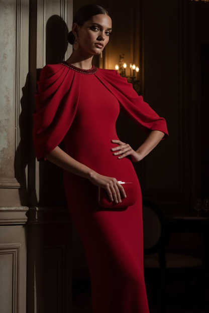 Red Evening Formal Dress Round Neck Cape Maxi Dress with Slit