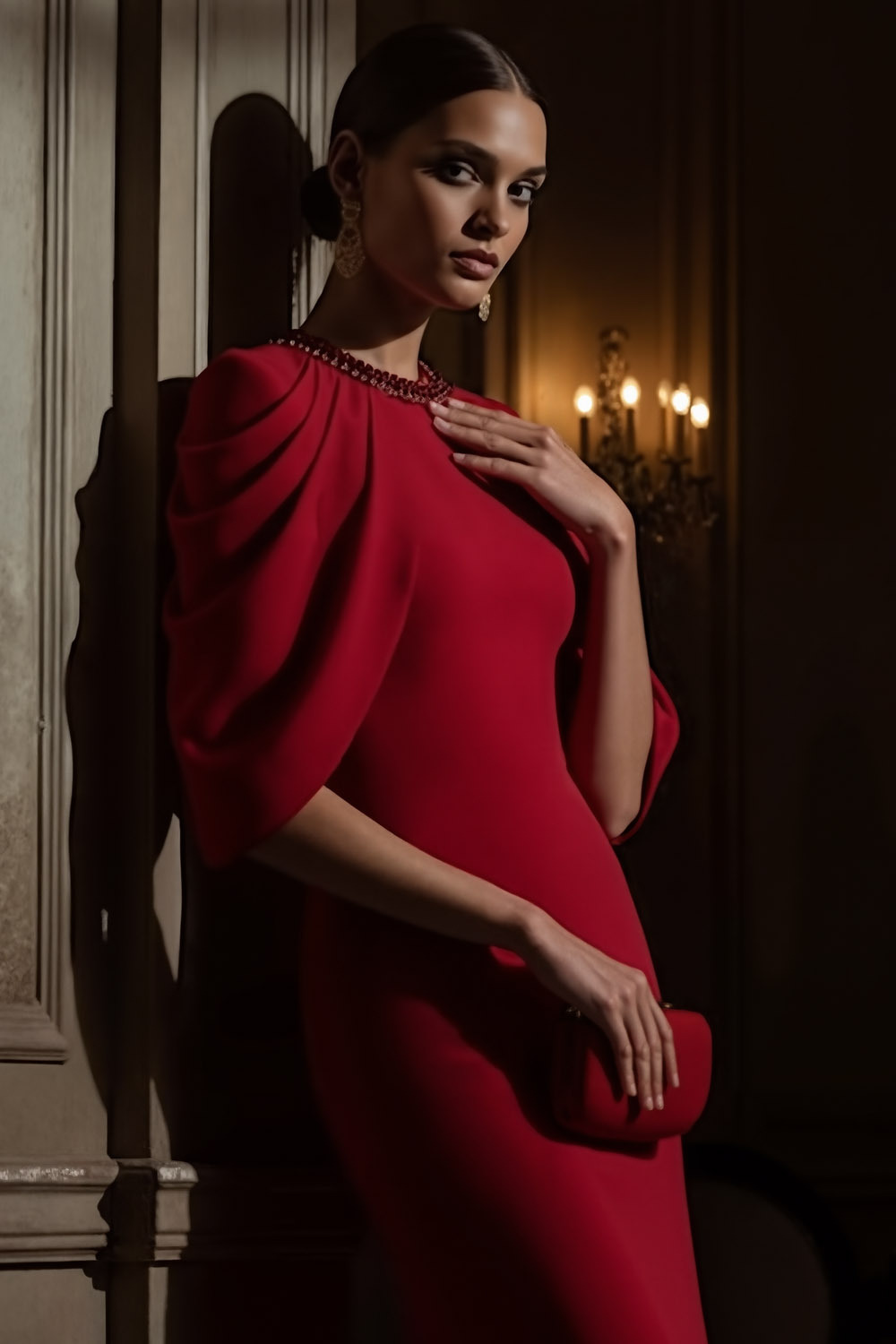 Red Evening Formal Dress Round Neck Cape Maxi Dress with Slit