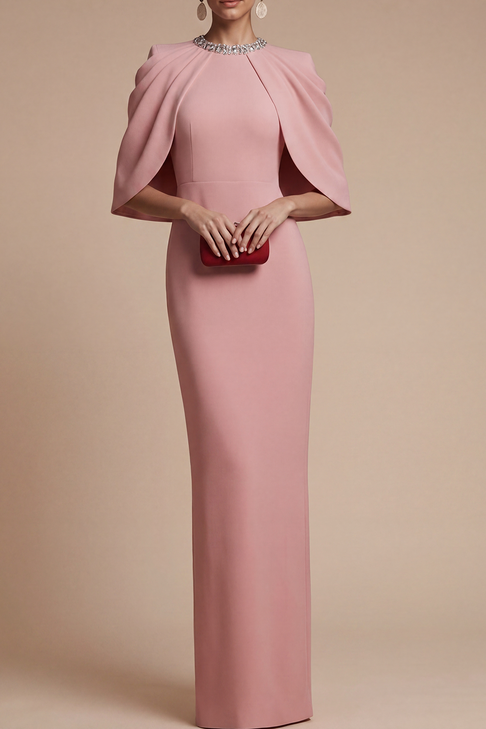 Red Evening Formal Dress Round Neck Cape Maxi Dress with Slit