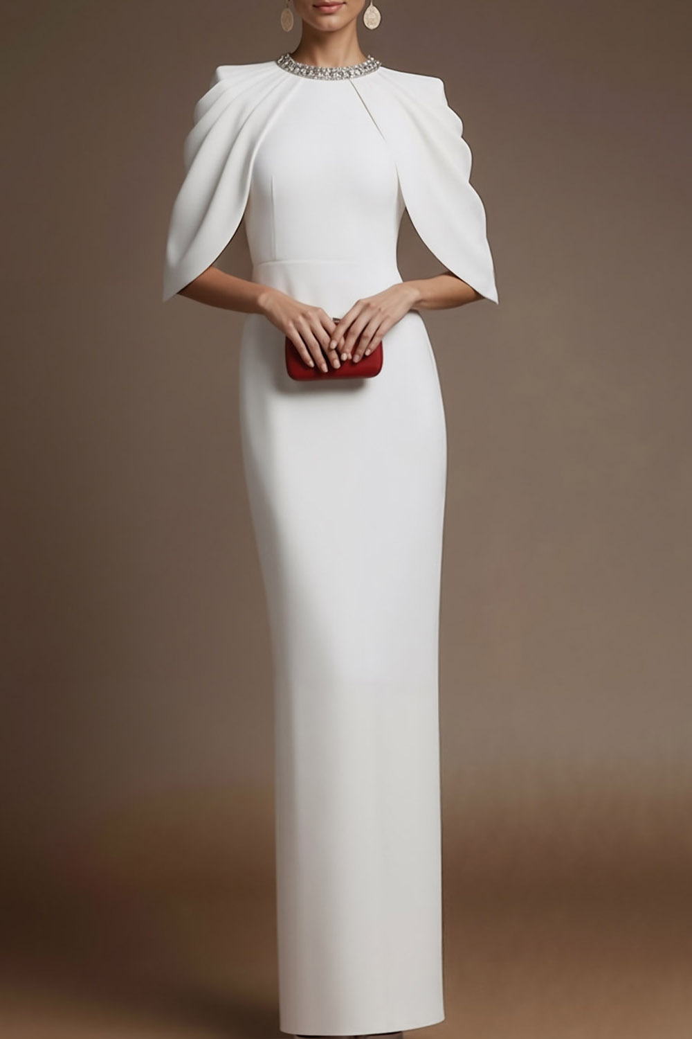 Red Evening Formal Dress Round Neck Cape Maxi Dress with Slit