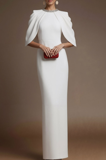 Red Evening Formal Dress Round Neck Cape Maxi Dress with Slit