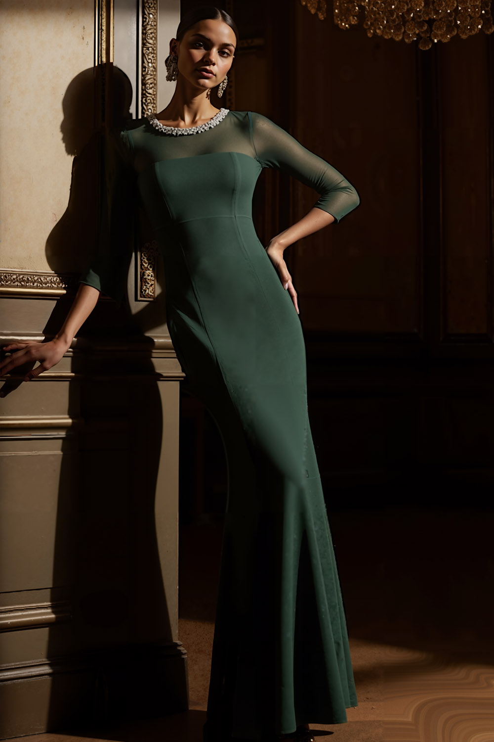 Dark Green Evening Formal Dress Mermaid Round Neck Maxi Dress