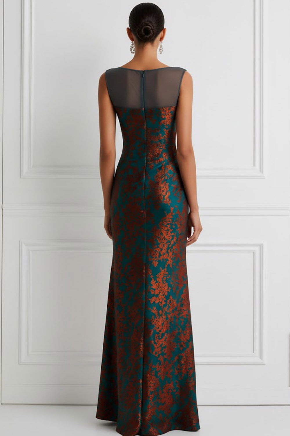 Peacock Green Formal Evening Dress Sheath Crew Neck Maxi Dress 