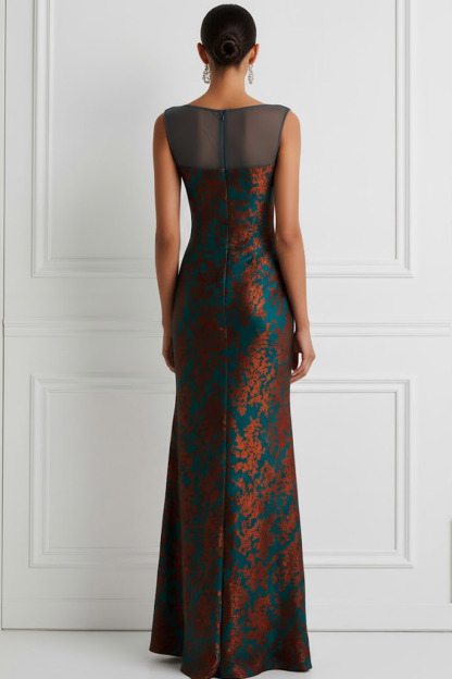 Peacock Green Formal Evening Dress Sheath Crew Neck Maxi Dress 