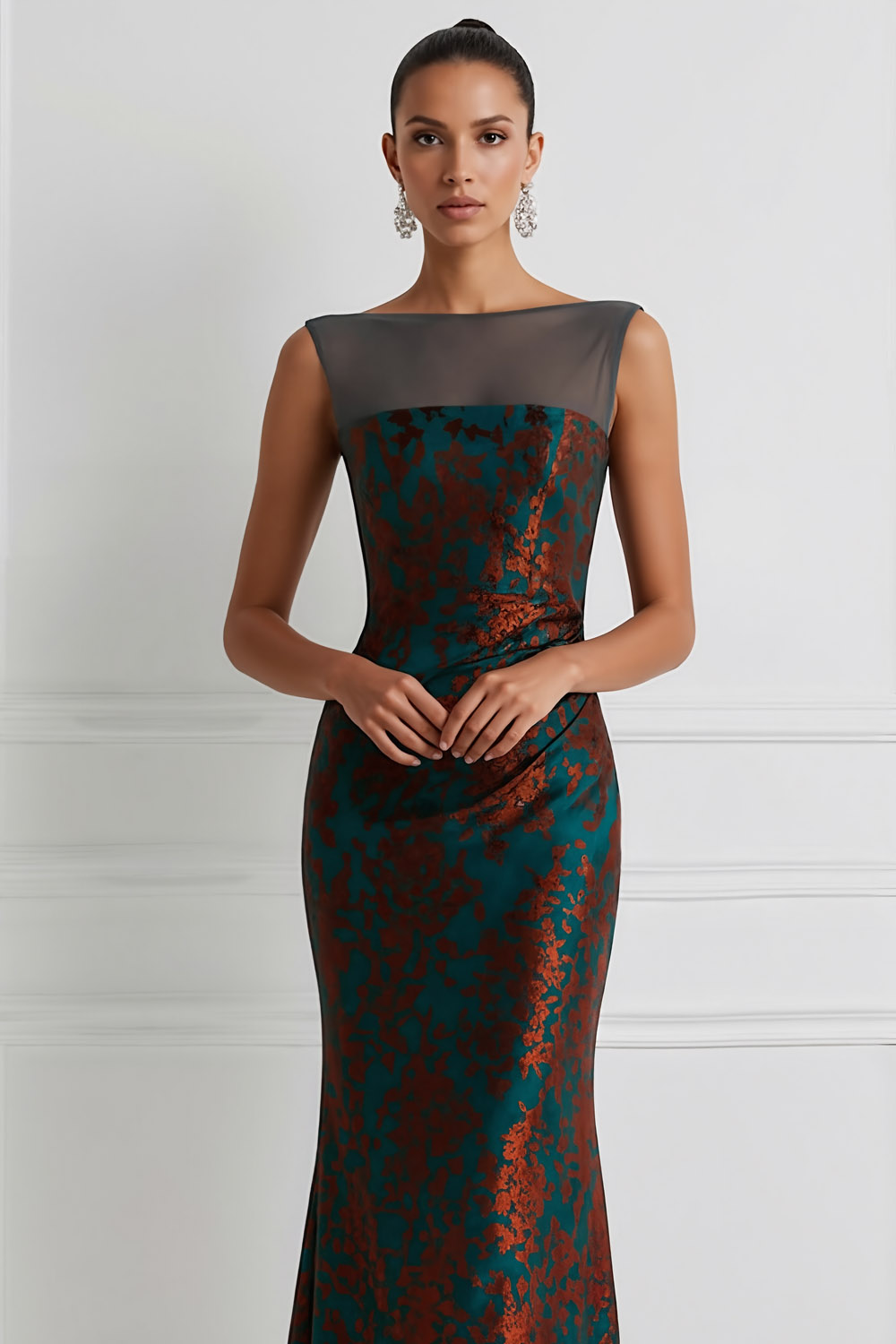 Peacock Green Formal Evening Dress Sheath Crew Neck Maxi Dress 