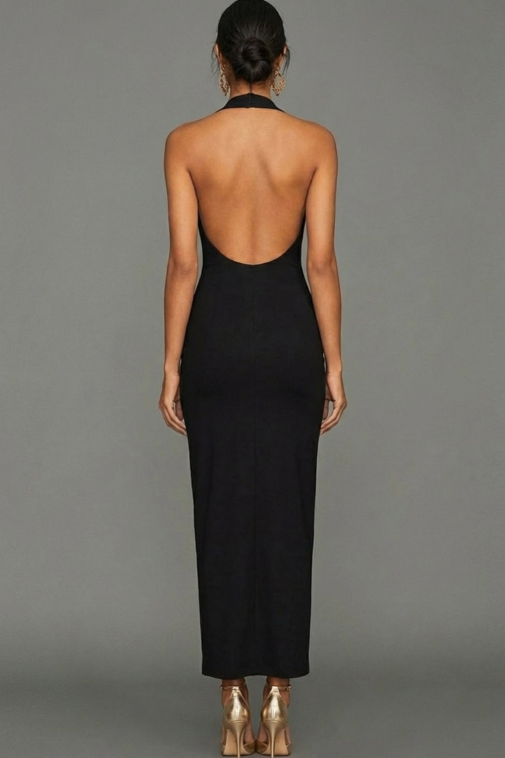 Black Formal Evening Dress Sheath Halter Maxi Dress