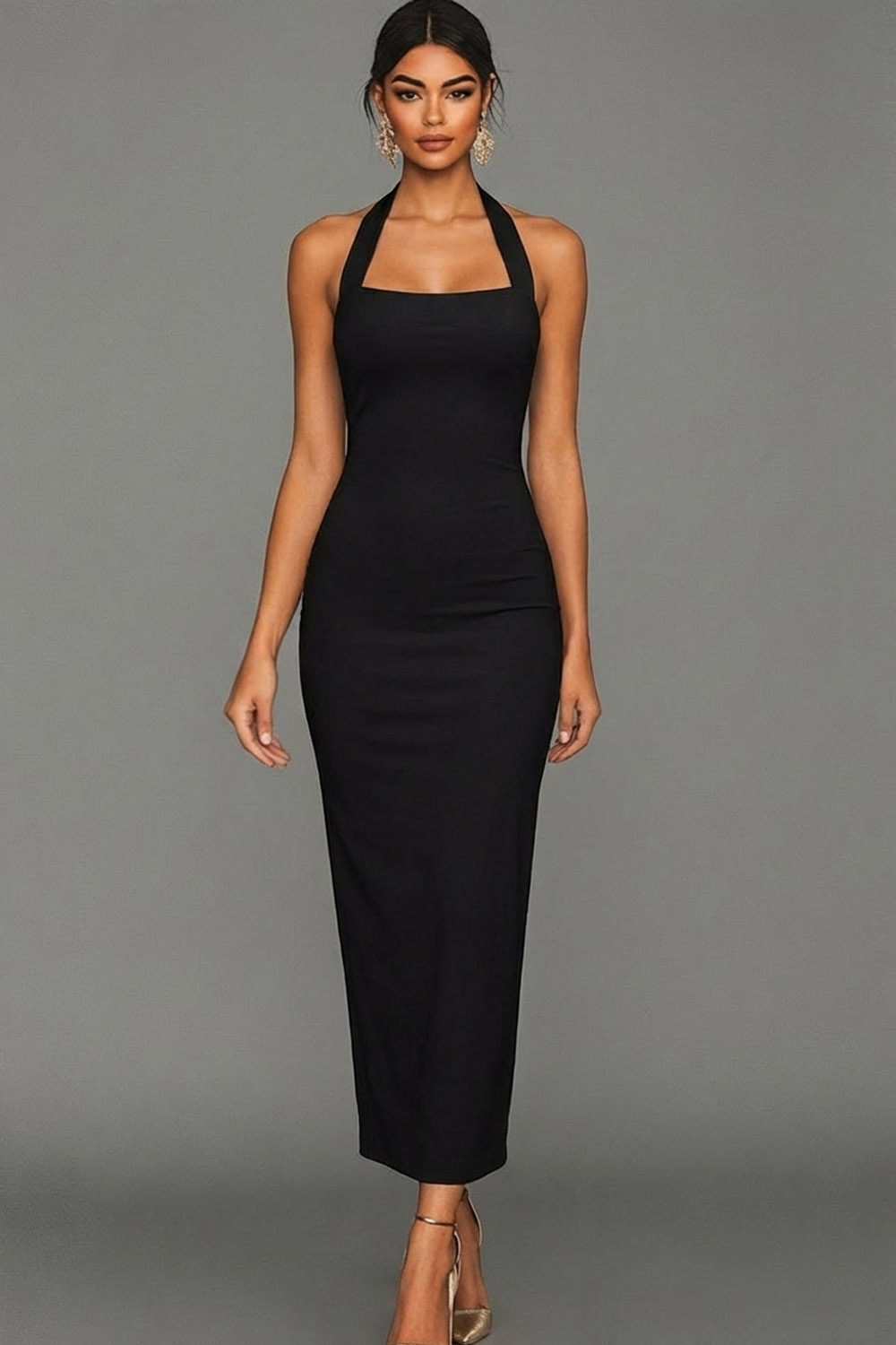 Black Formal Evening Dress Sheath Halter Maxi Dress