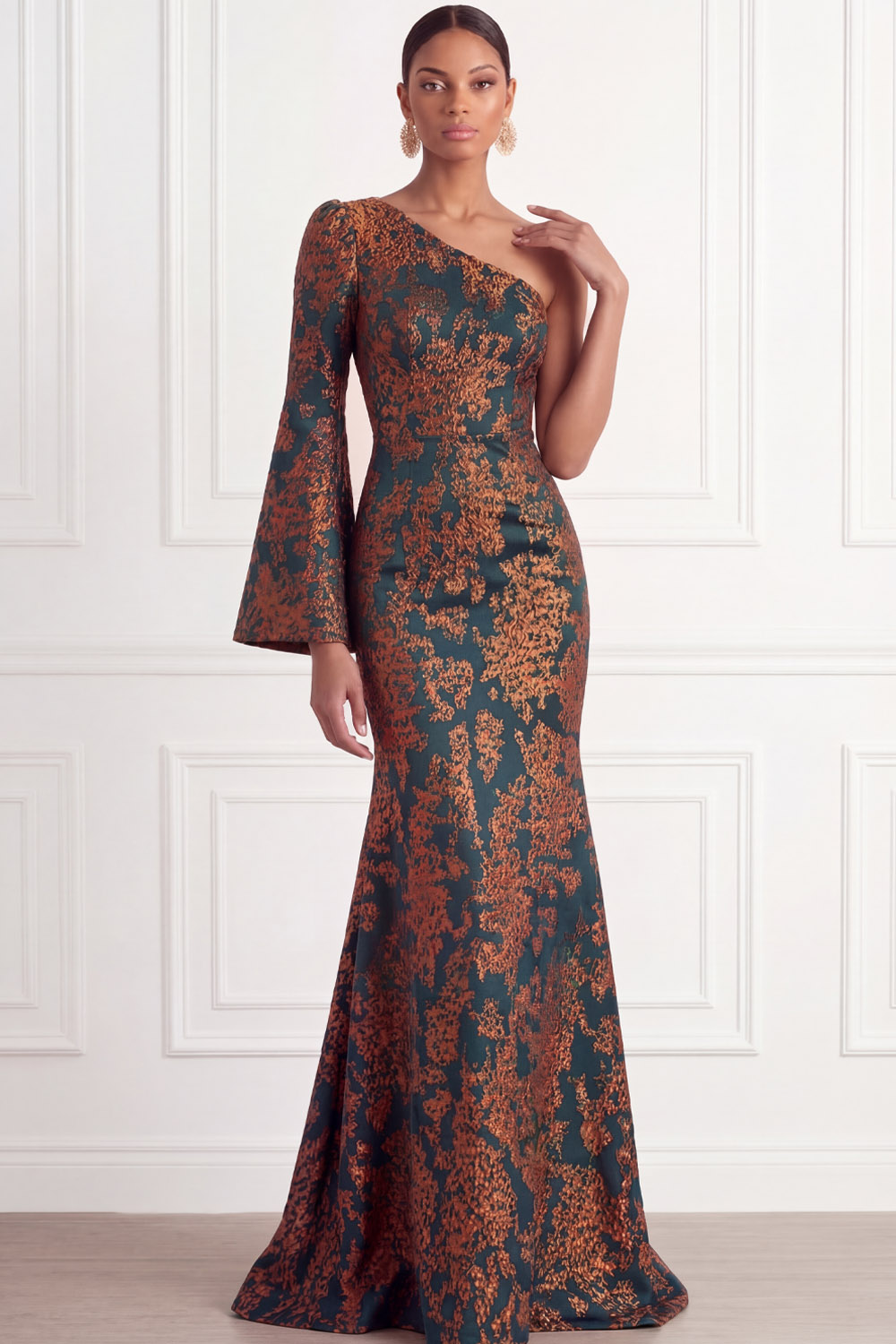 Peacock Green Formal Evening Dress Mermaid One Shoulder Floral Maxi Dress 