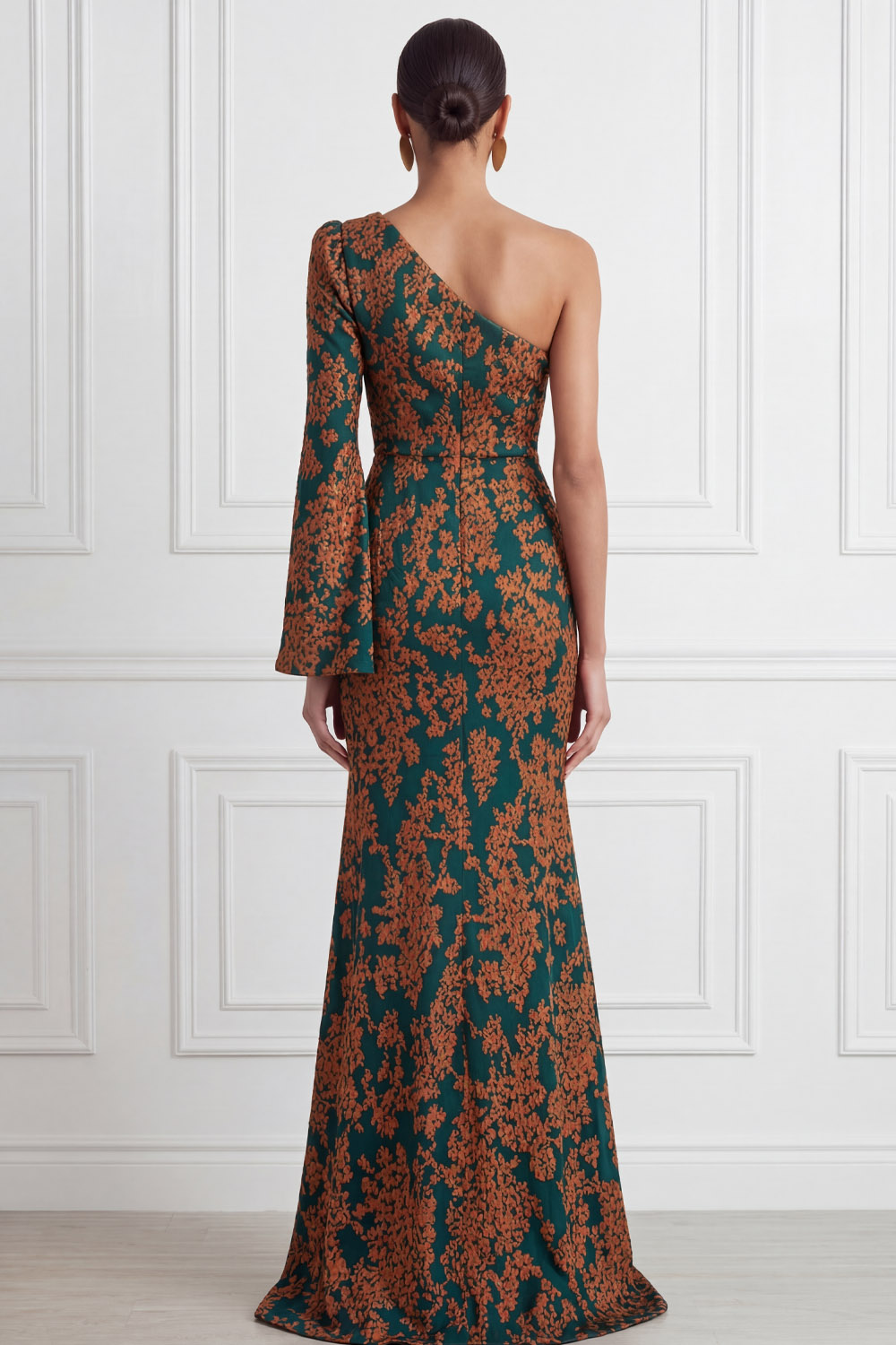 Peacock Green Formal Evening Dress Mermaid One Shoulder Floral Maxi Dress 