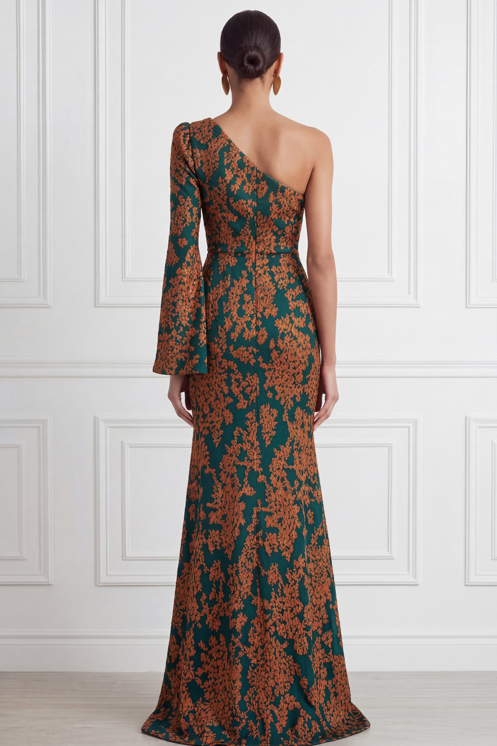 Peacock Green Formal Evening Dress Mermaid One Shoulder Floral Maxi Dress 