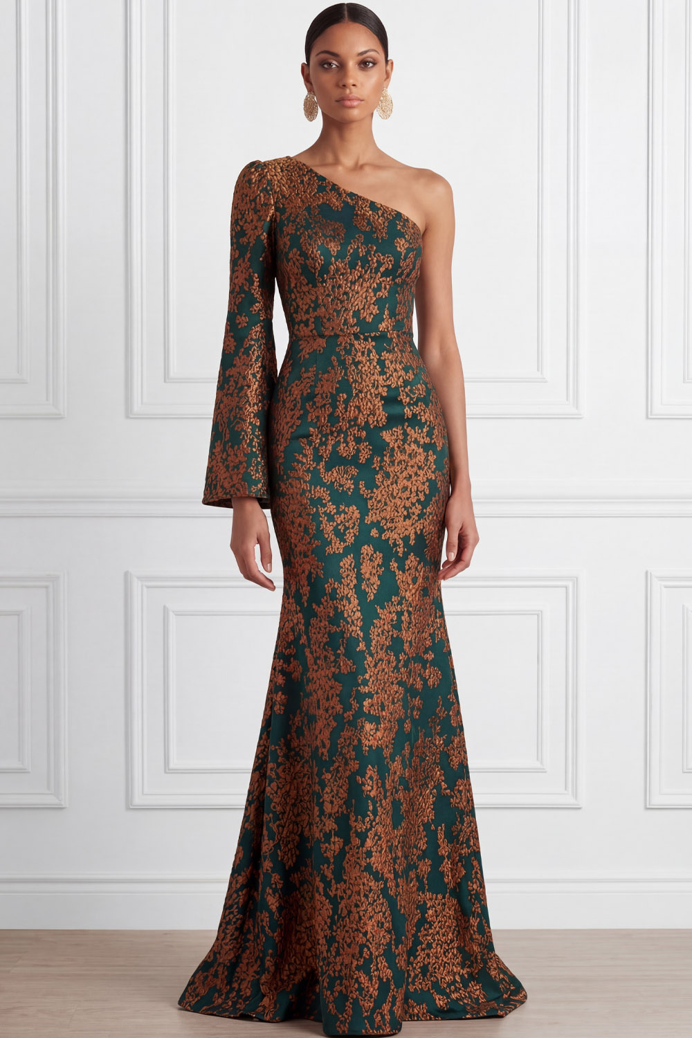 Peacock Green Formal Evening Dress Mermaid One Shoulder Floral Maxi Dress 