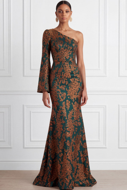Peacock Green Formal Evening Dress Mermaid One Shoulder Floral Maxi Dress 