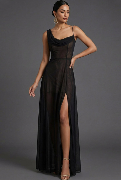 Black Evening Formal Dress Cowl Neck Chiffon Maxi Dress with Slit
