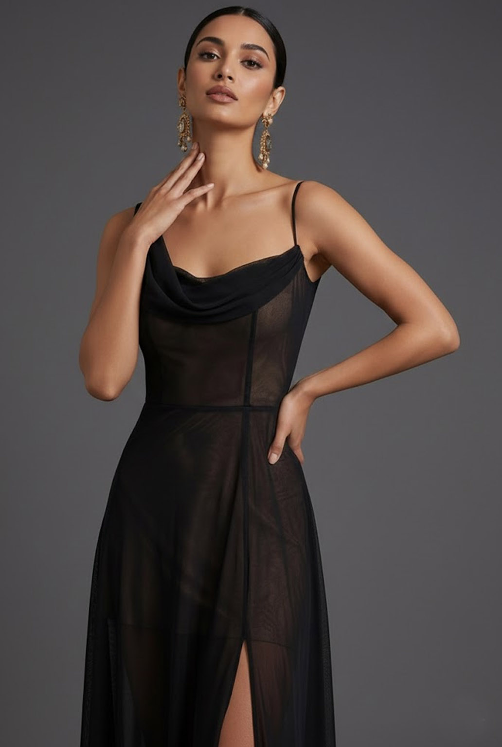 Black Evening Formal Dress Cowl Neck Chiffon Maxi Dress with Slit