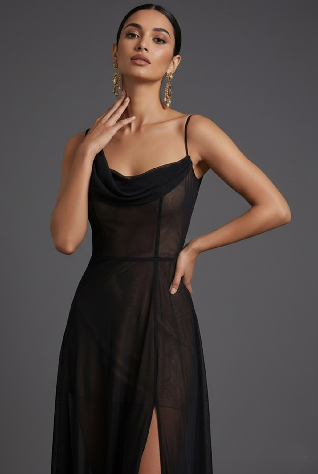 Black Evening Formal Dress Cowl Neck Chiffon Maxi Dress with Slit