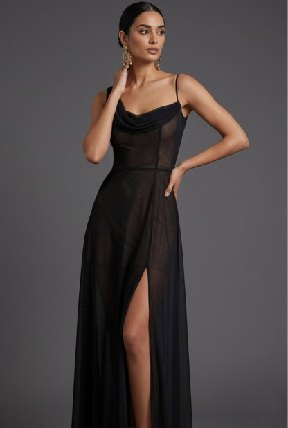Black Evening Formal Dress Cowl Neck Chiffon Maxi Dress with Slit