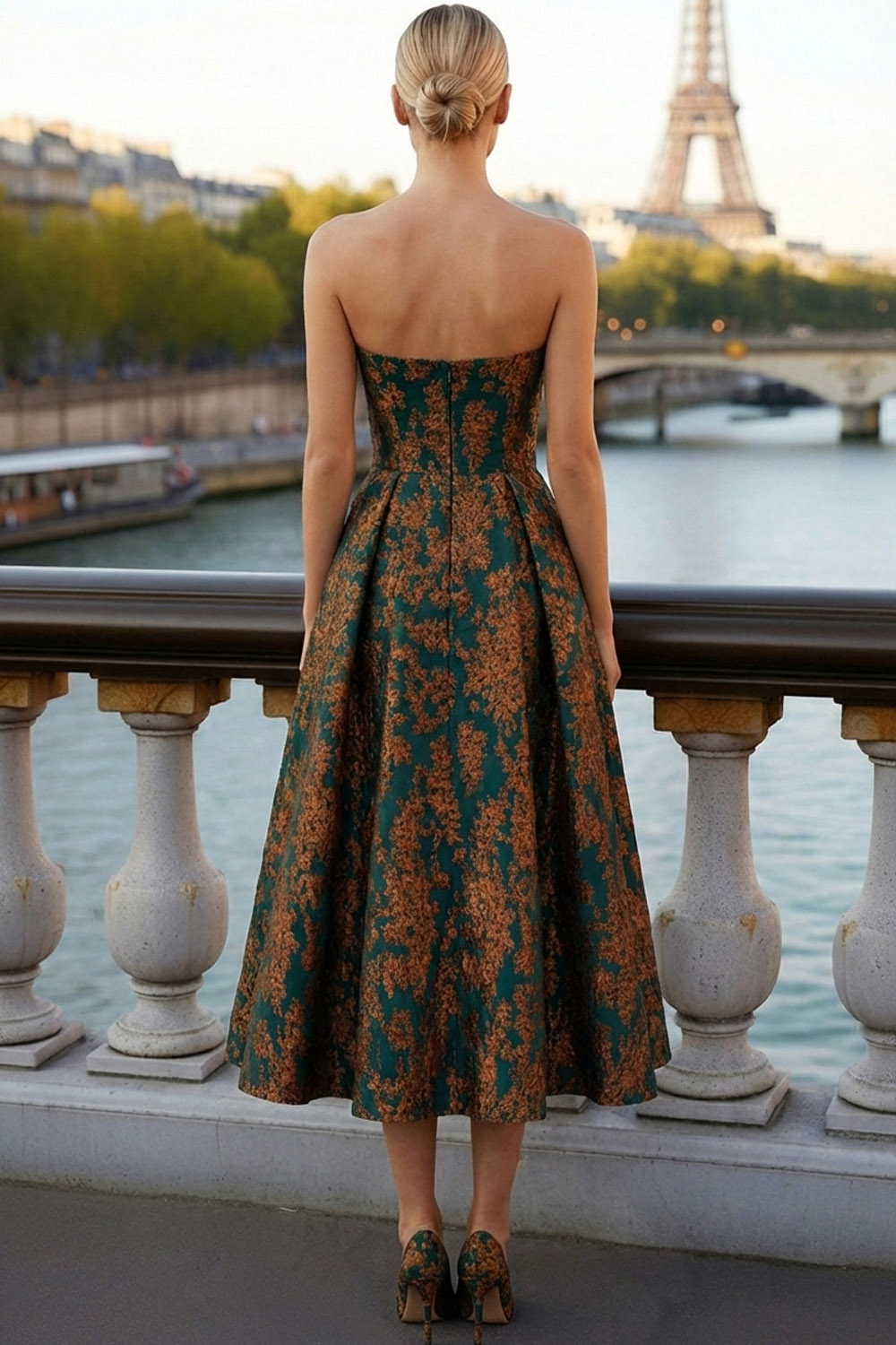 Peacock Green Floral Wedding Guest Dress A-Line Strapless Midi Dress 