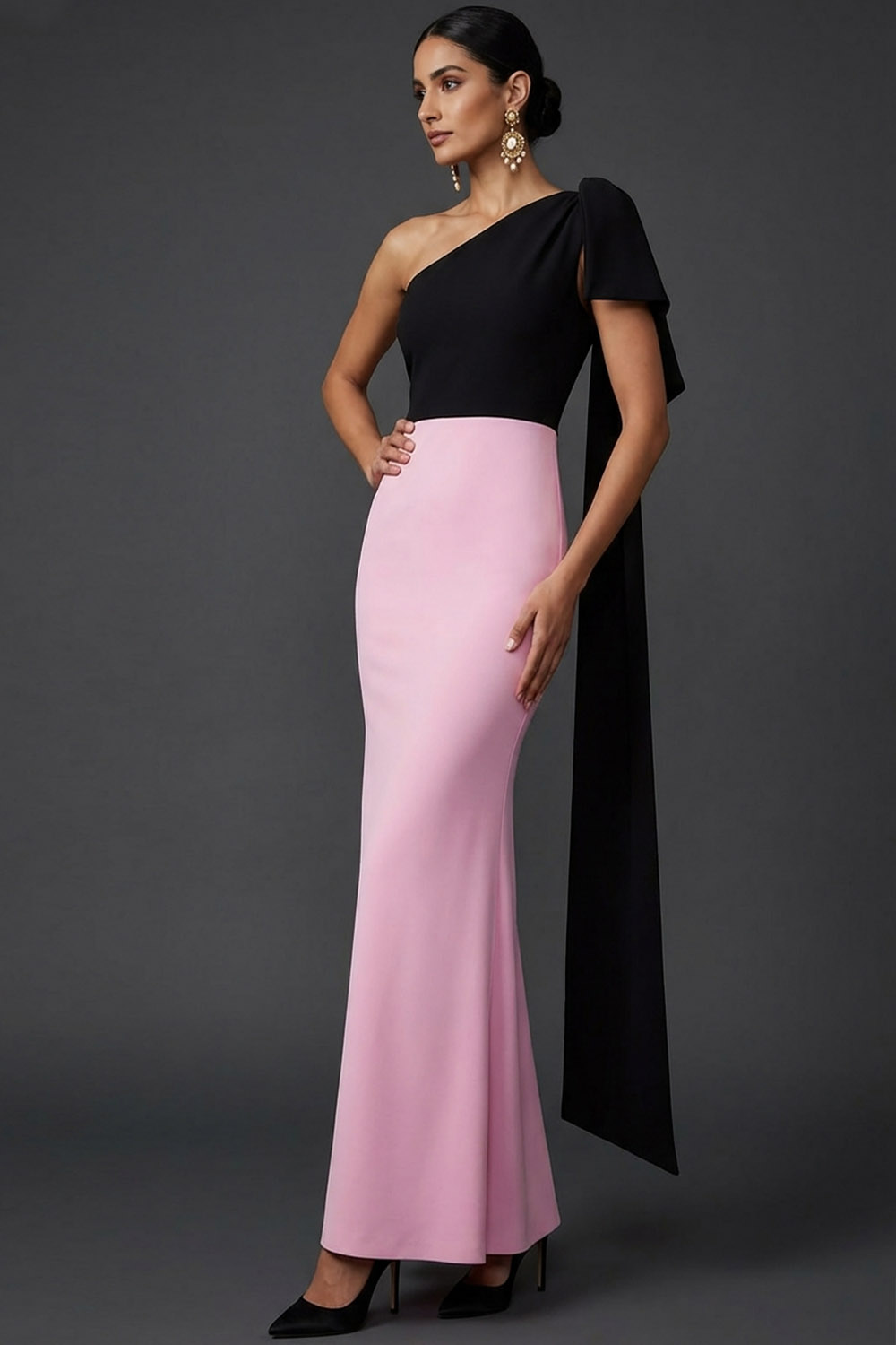 Pink Formal Evening Dress Mermaid One Shoulder Maxi Dress with Cape