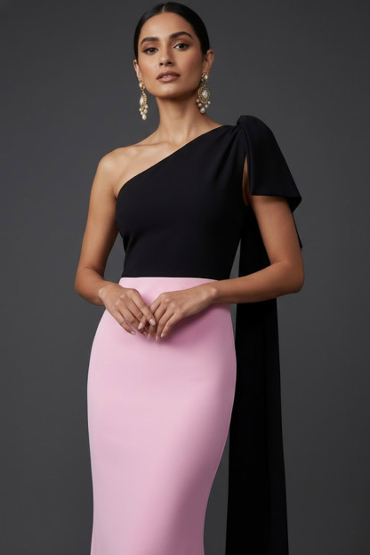 Pink Formal Evening Dress Mermaid One Shoulder Maxi Dress with Cape