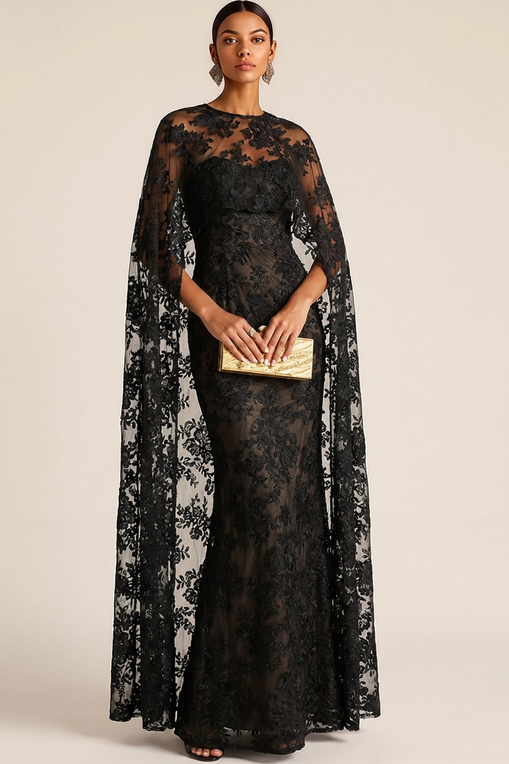 Black Formal Evening Dress Mermaid Strapless Lace Maxi Dress with Cape