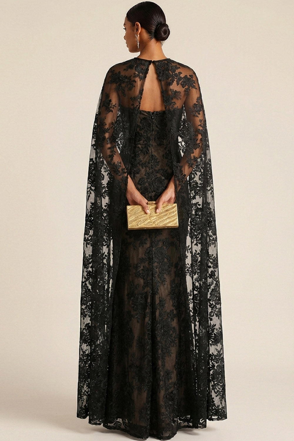 Black Formal Evening Dress Mermaid Strapless Lace Maxi Dress with Cape