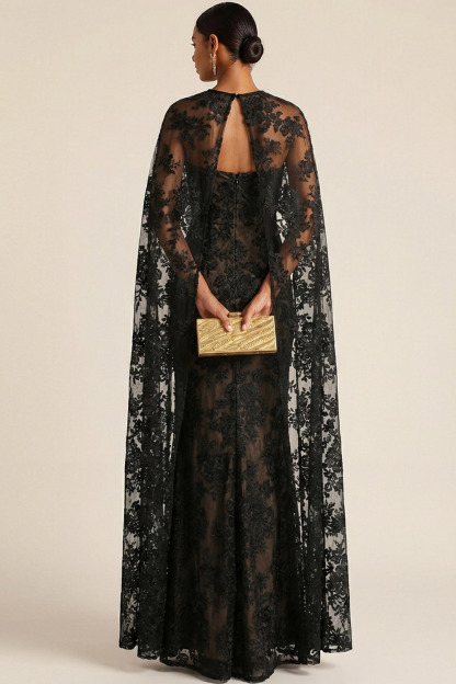 Black Formal Evening Dress Mermaid Strapless Lace Maxi Dress with Cape