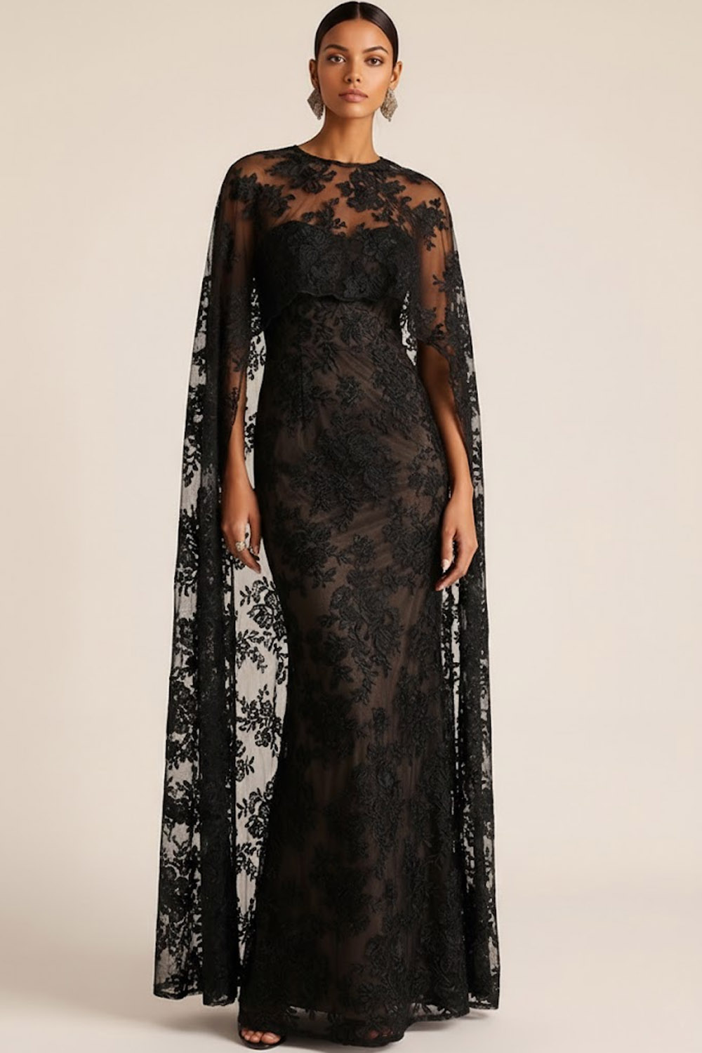 Black Formal Evening Dress Mermaid Strapless Lace Maxi Dress with Cape