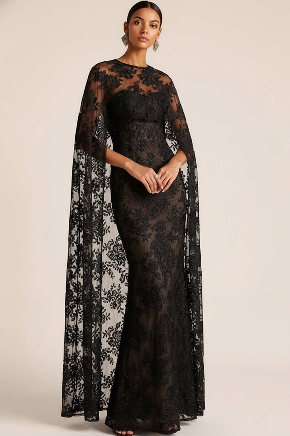Black Formal Evening Dress Mermaid Strapless Lace Maxi Dress with Cape