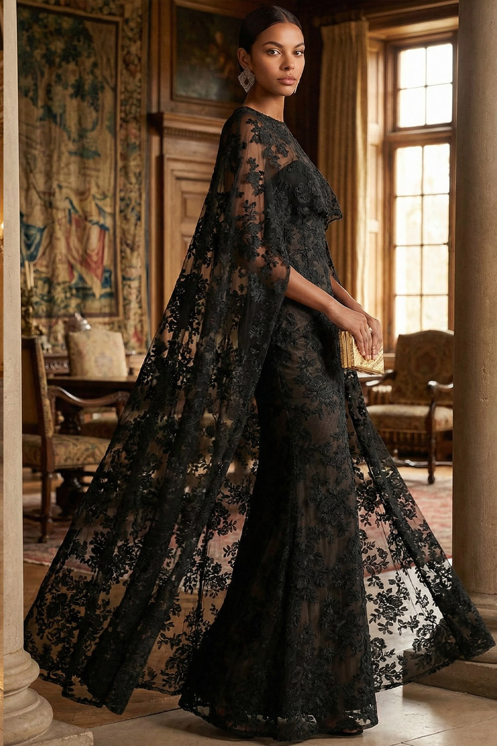 Black Formal Evening Dress Mermaid Strapless Lace Maxi Dress with Cape