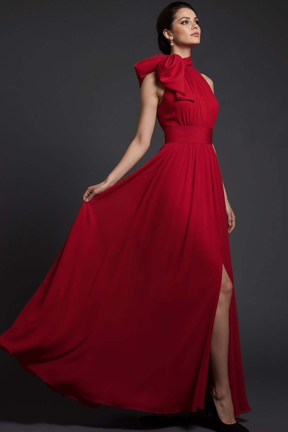Red Formal Evening Dress A-Line Halter Maxi Dress with Slit