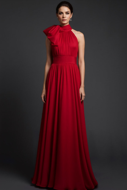 Red Formal Evening Dress A-Line Halter Maxi Dress with Slit