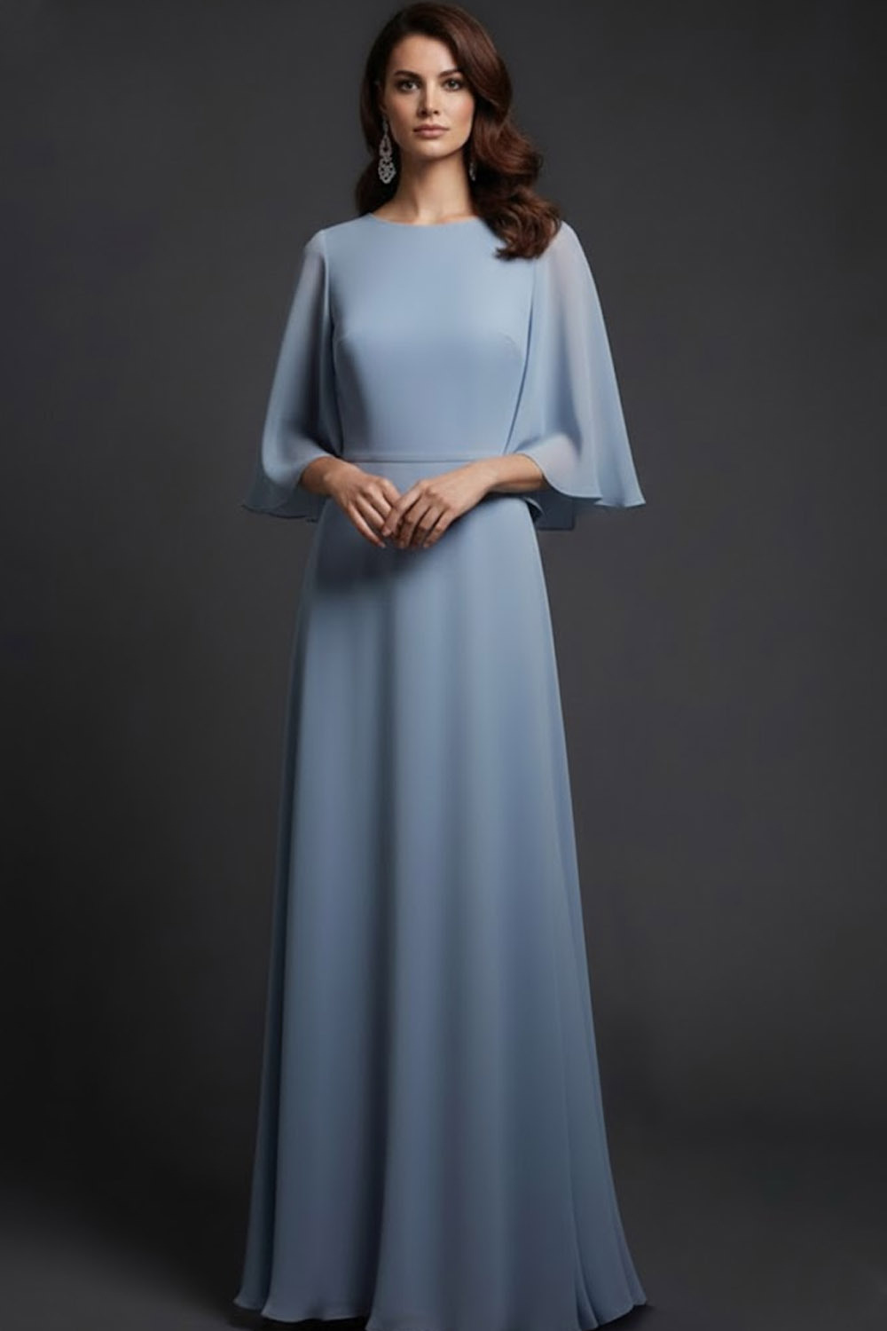 Grey Blue Wedding Guest Dress Crew Neck Ruffle Sleeve Maxi Dress