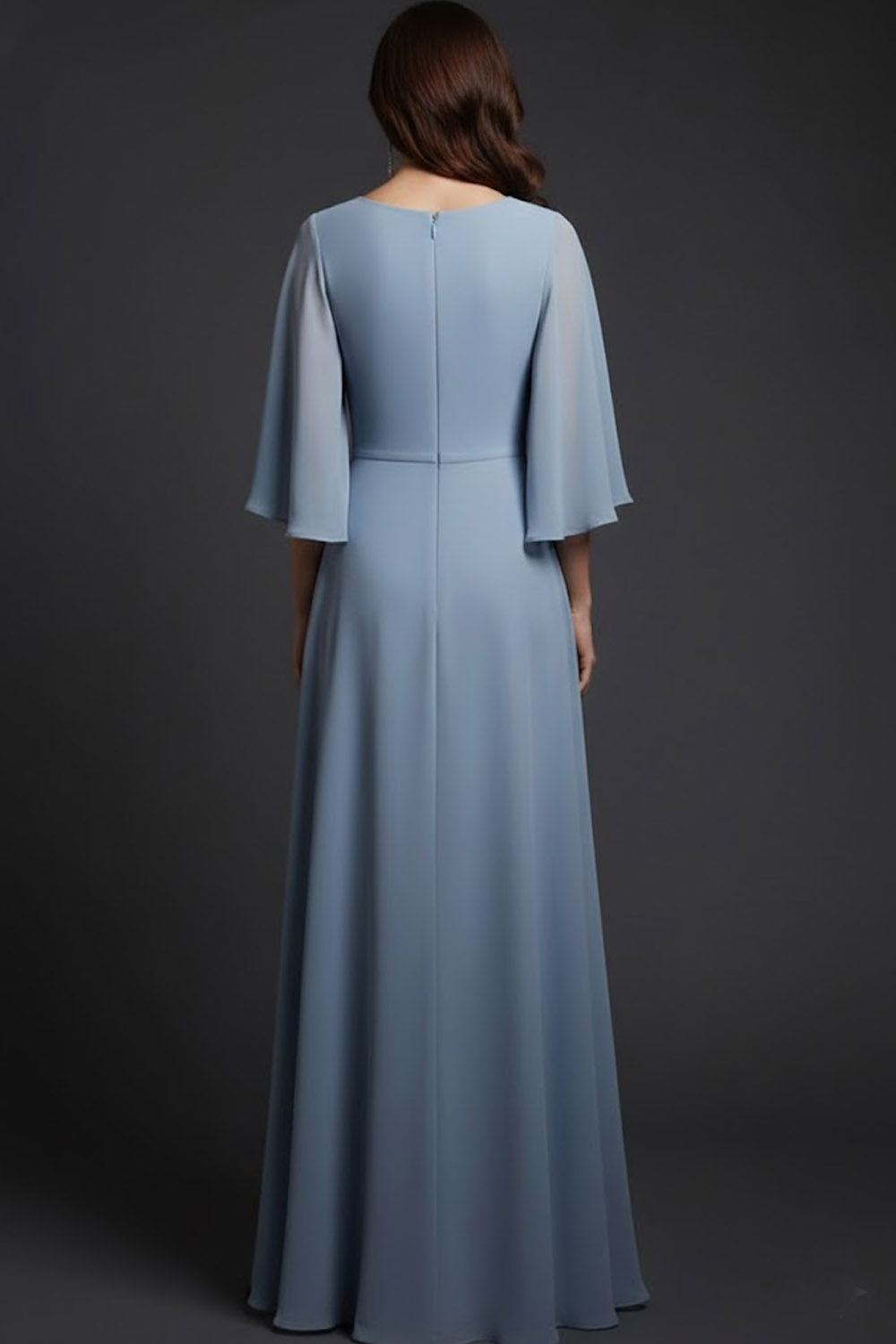 Grey Blue Wedding Guest Dress Crew Neck Ruffle Sleeve Maxi Dress