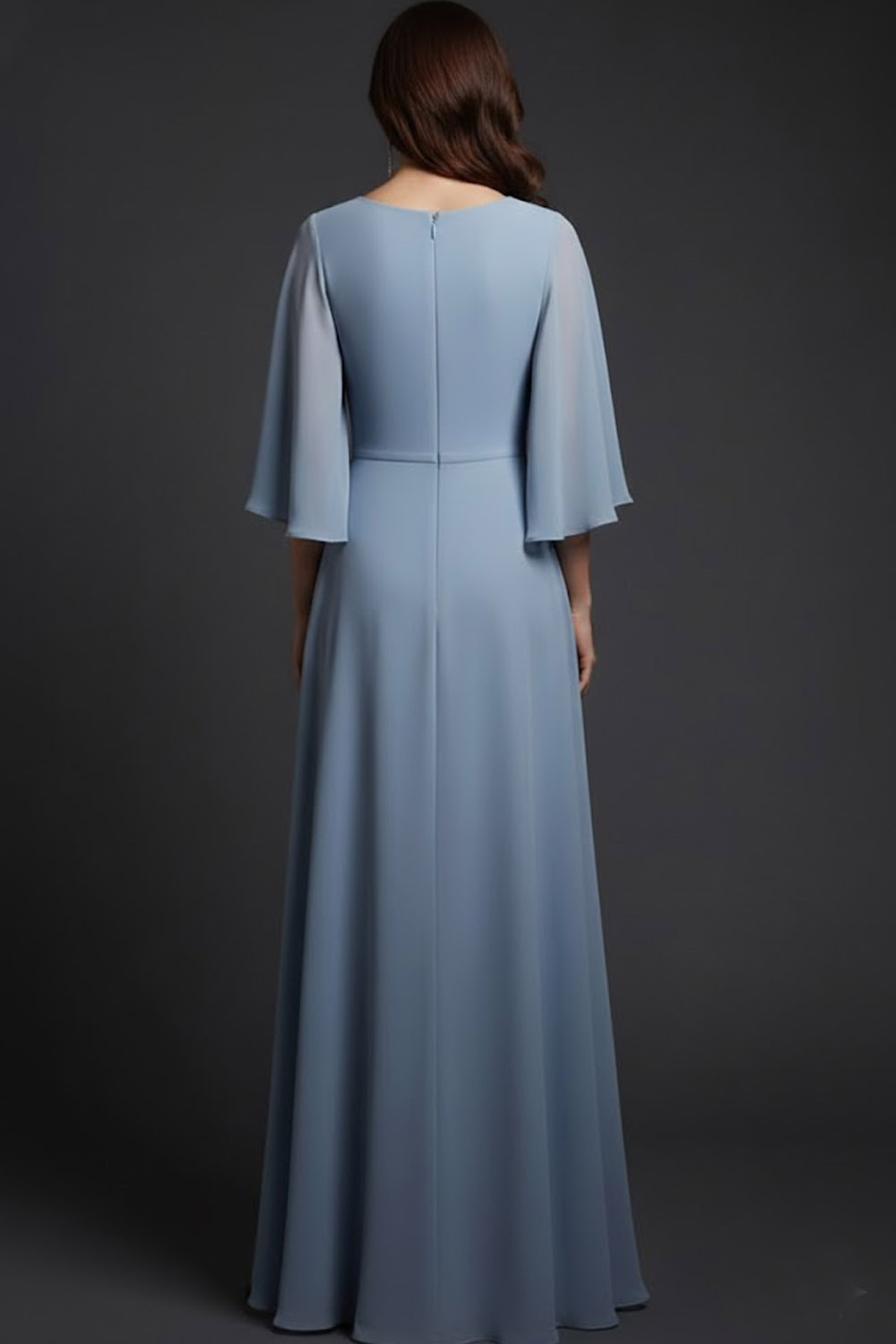 Grey Blue Wedding Guest Dress Crew Neck Ruffle Sleeve Maxi Dress