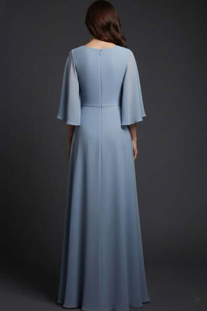 Grey Blue Wedding Guest Dress Crew Neck Ruffle Sleeve Maxi Dress