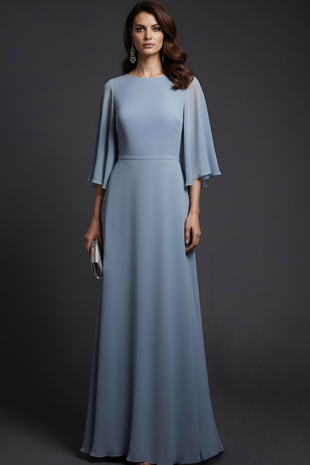 Grey Blue Wedding Guest Dress Crew Neck Ruffle Sleeve Maxi Dress